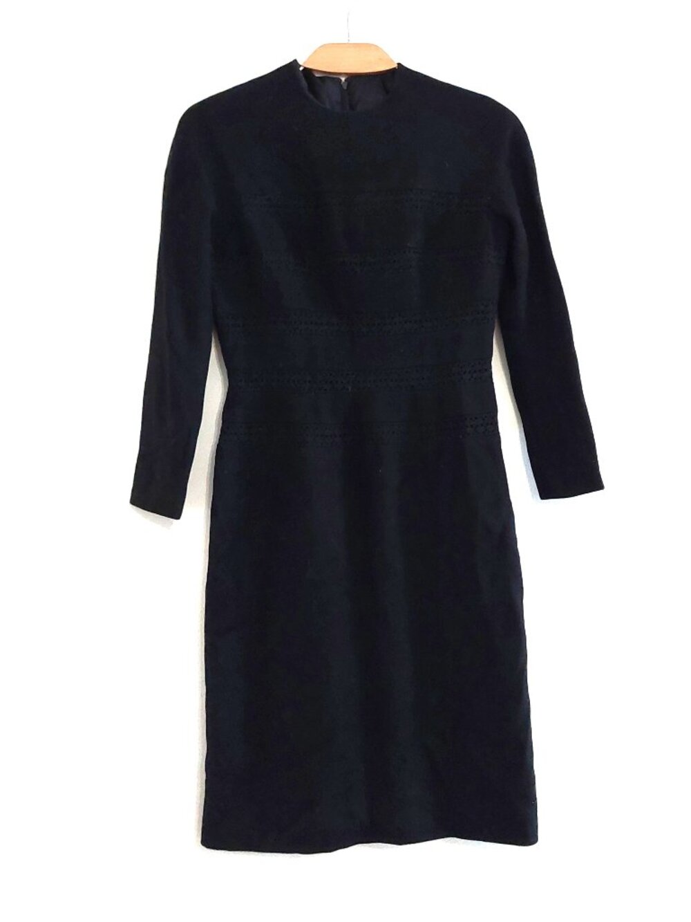 Vintage 60s Sz M Black Felted Wool Sheath Dress Crochet Insert Long Sleeve